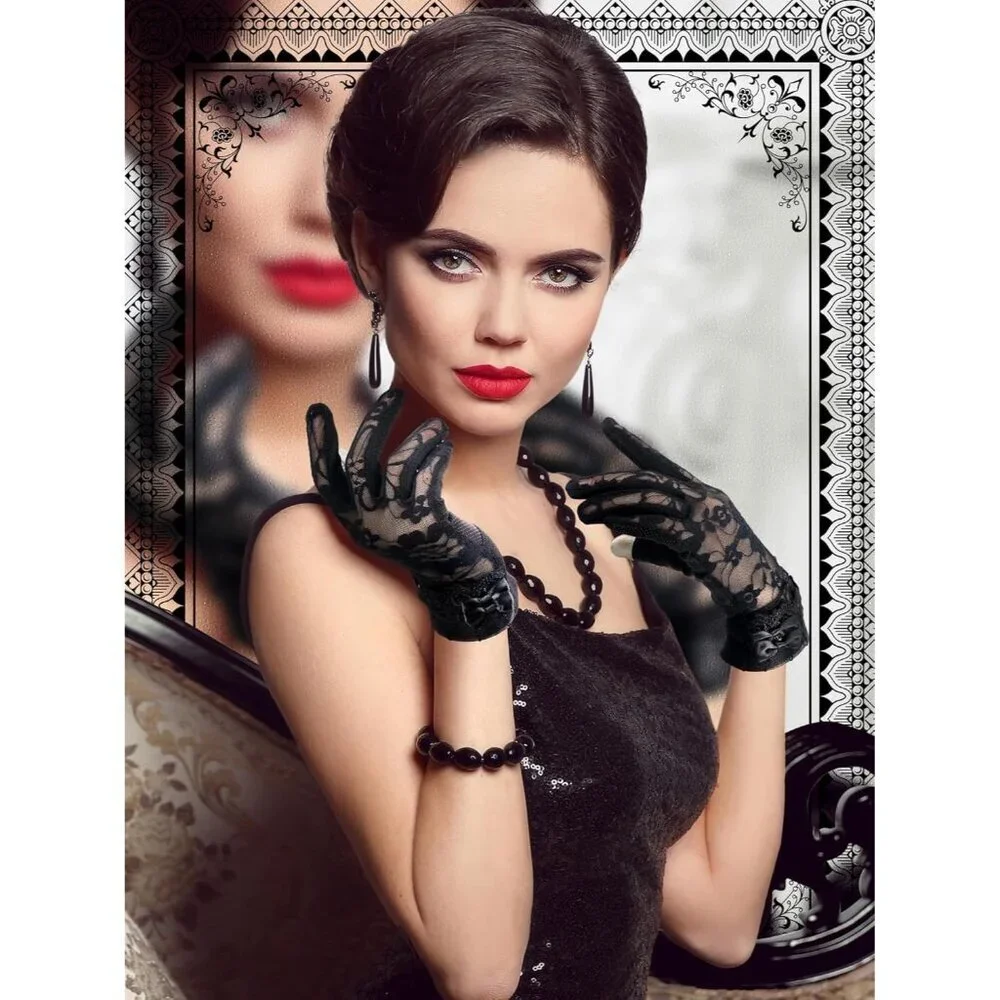 Women's Black Short Floral Finger Less Nylon Halloween Cosplay Lace Gloves